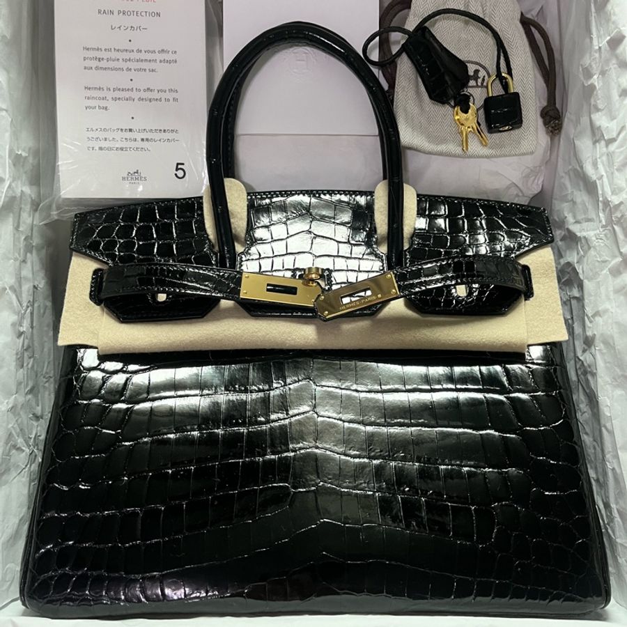 HERMES 鱷魚皮革Birkin 30金扣手提包黑色-0