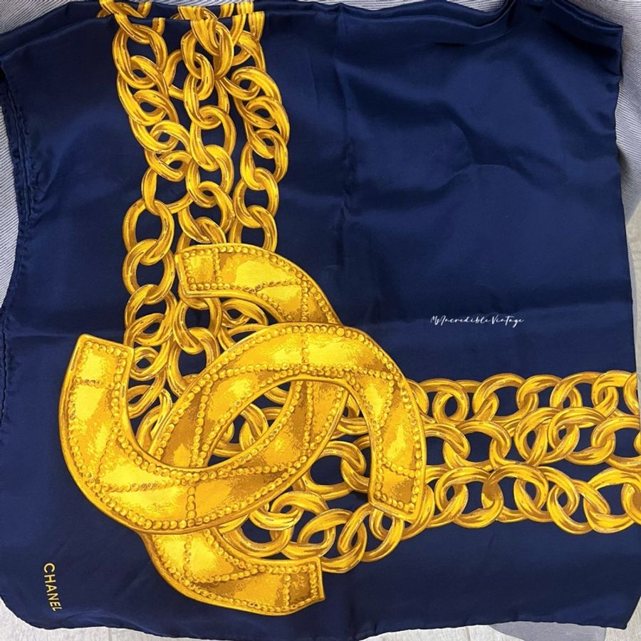 Chanel 藍金色首飾絲巾 CC Mark Chain Print Scarf Navy-1