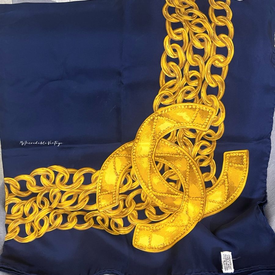 Chanel 藍金色首飾絲巾 CC Mark Chain Print Scarf Navy-2