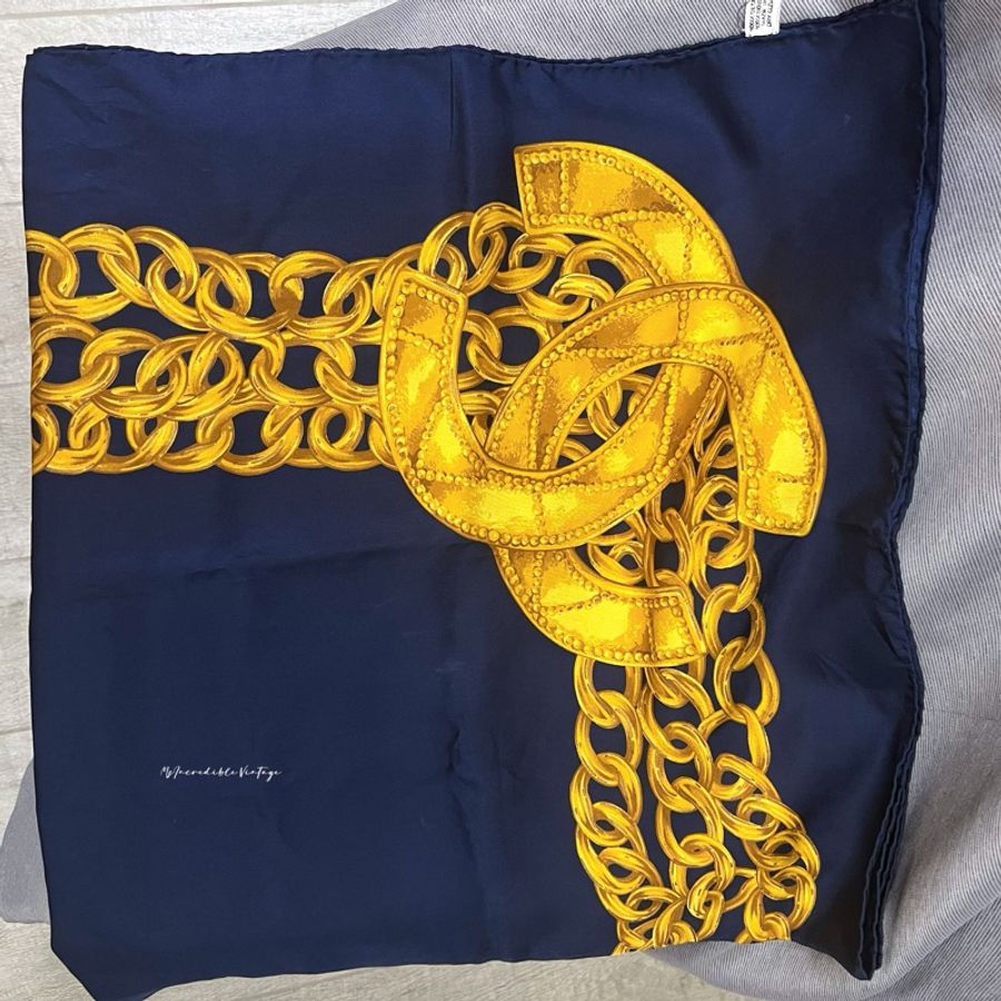 Chanel 藍金色首飾絲巾 CC Mark Chain Print Scarf Navy-10