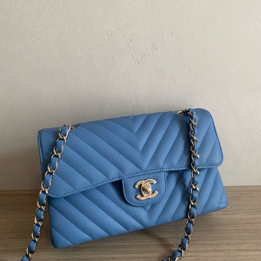 Chanel 11.12 Coco Classic Flap Small CF 23 小型口蓋包 牛仔藍淡金扣-0