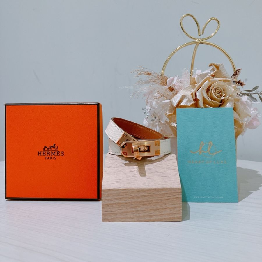 Hermès 愛馬仕經典Mini Kelly 金屬轉釦雙圈皮手環 Double Tour Bracelet Nata x RGHW T1-0