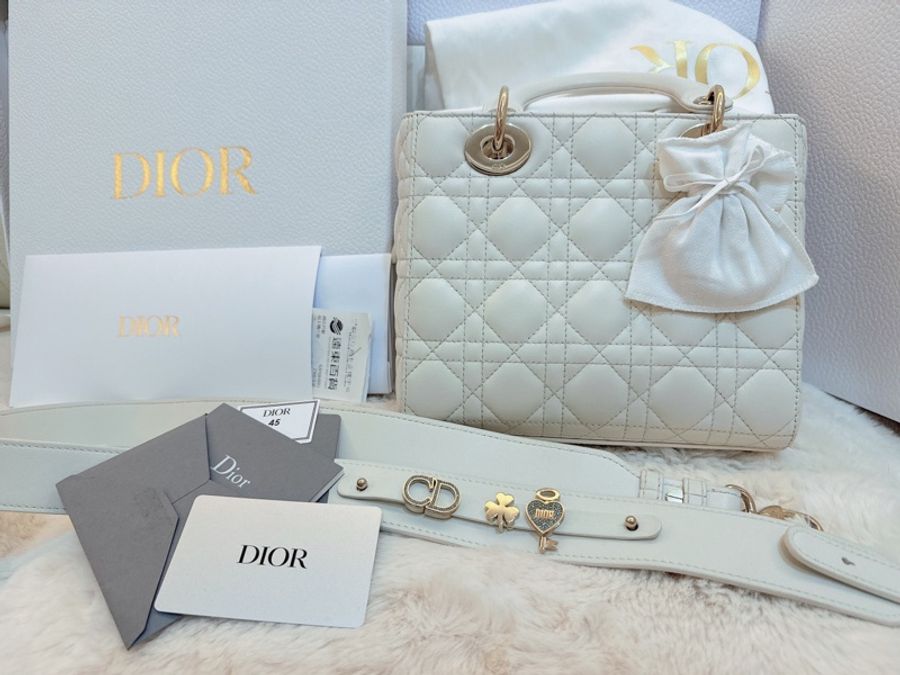 「配件超齊全」Dior Lady Dior 四格黛妃包 奶油色淡金 滿滿大全配-3