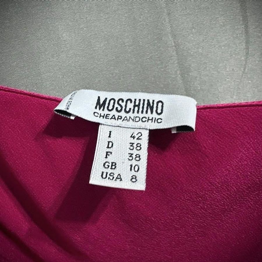 Moschino 義大利製 y2k 多巴胺蝴蝶結荷葉領絲綢襯衫 桃粉紅緞面蛋糕短版襯衫 女-2