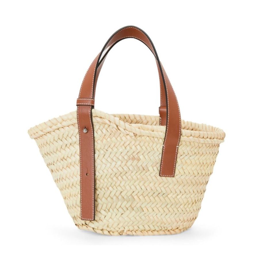 【LOEWE 羅威】Small Basket 小款 棕櫚葉拼小牛皮 托特包 編織包 草編包 原色 棕褐色-4
