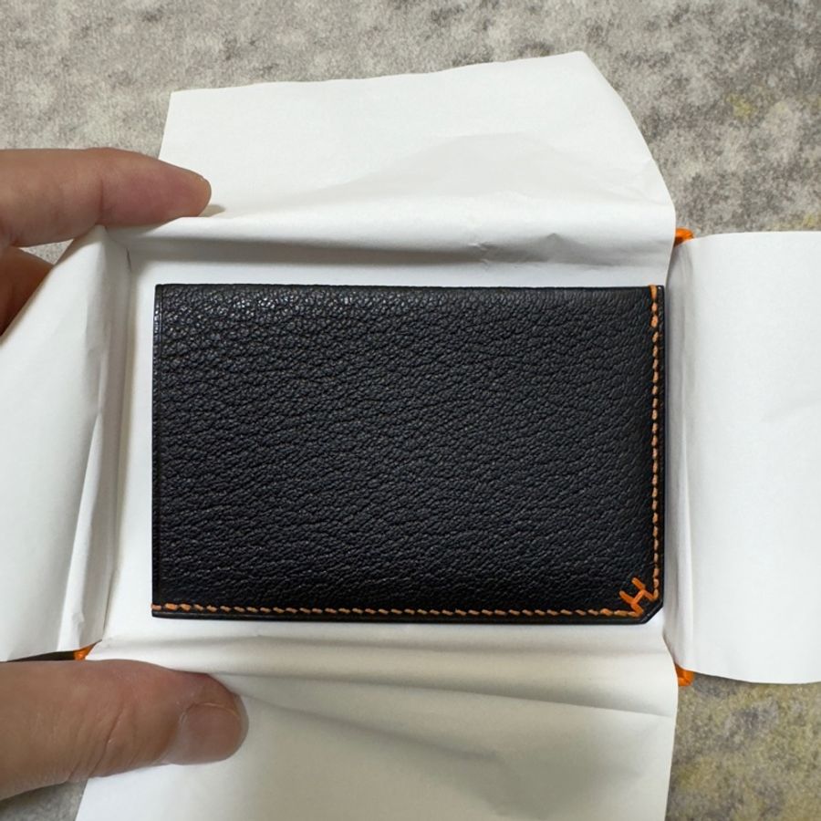 HERMES 經典 Porte-cartes H Sellier 愛馬仕山羊皮萬用卡夾 黑橘配色 最難找最耐用的黑色山羊皮-2