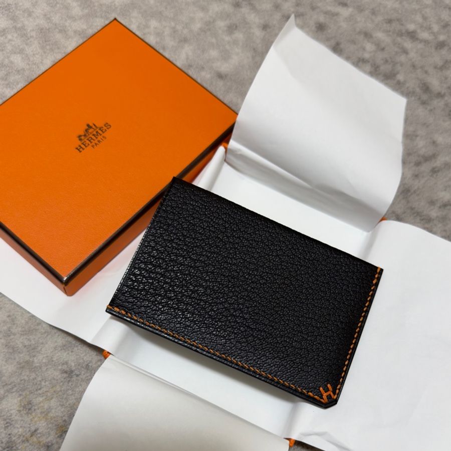 HERMES 經典 Porte-cartes H Sellier 愛馬仕山羊皮萬用卡夾 黑橘配色 最難找最耐用的黑色山羊皮-4