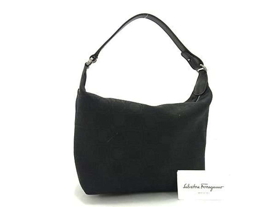 極美品■ Salvatore Ferragamo Ferragamo Gancini 帆布 x 皮革迷你手提包 黑色-0