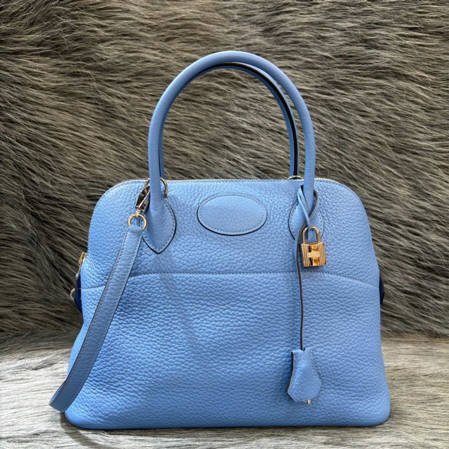 HERMES BOLIDE31 天空藍色 牛皮 荔枝皮 銀釦 柏莉包 柏麗 手提包 斜背包 貝殼包 保齡球包-0