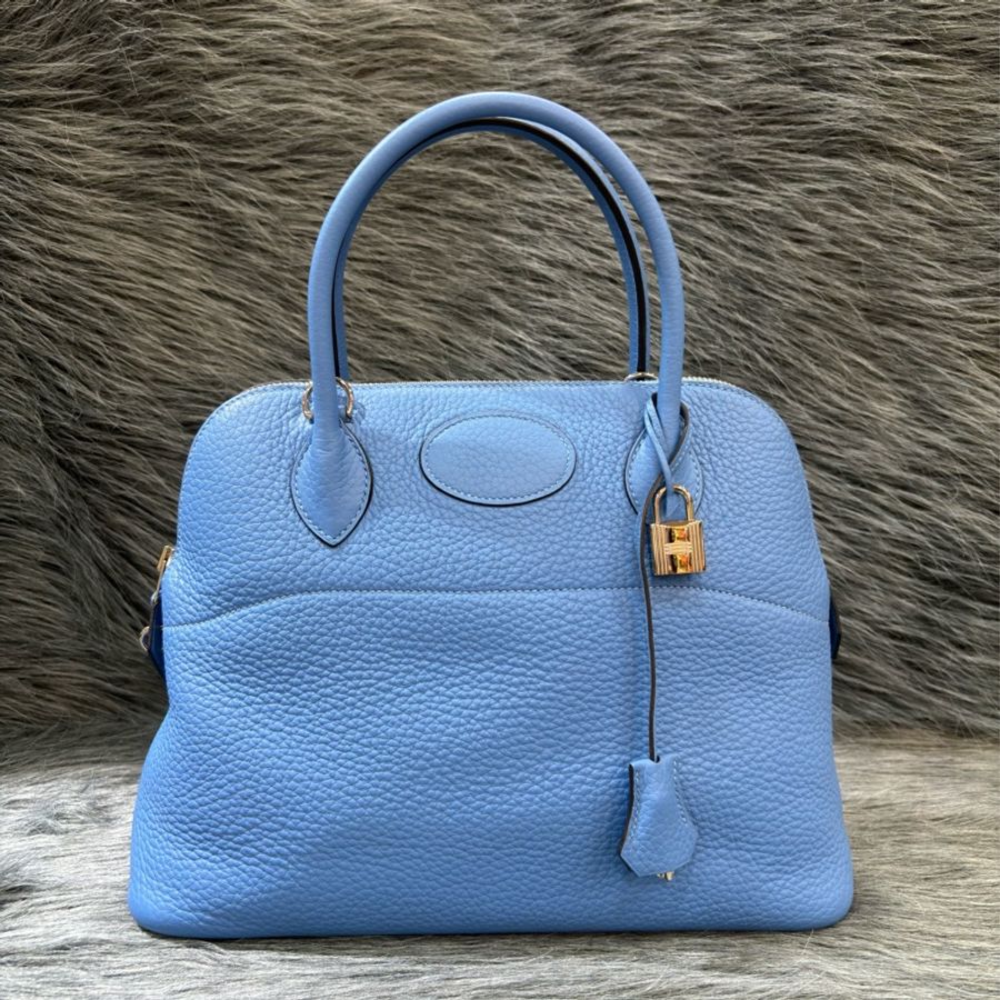 HERMES BOLIDE31 天空藍色 牛皮 荔枝皮 銀釦 柏莉包 柏麗 手提包 斜背包 貝殼包 保齡球包-1
