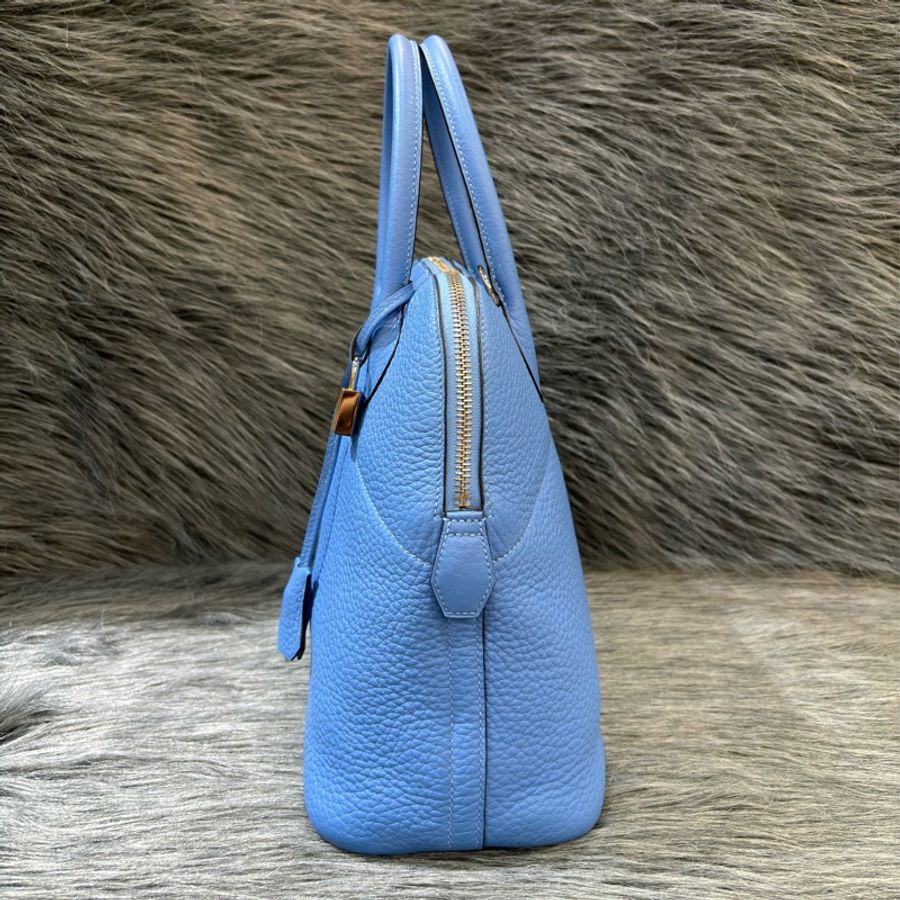 HERMES BOLIDE31 天空藍色 牛皮 荔枝皮 銀釦 柏莉包 柏麗 手提包 斜背包 貝殼包 保齡球包-4