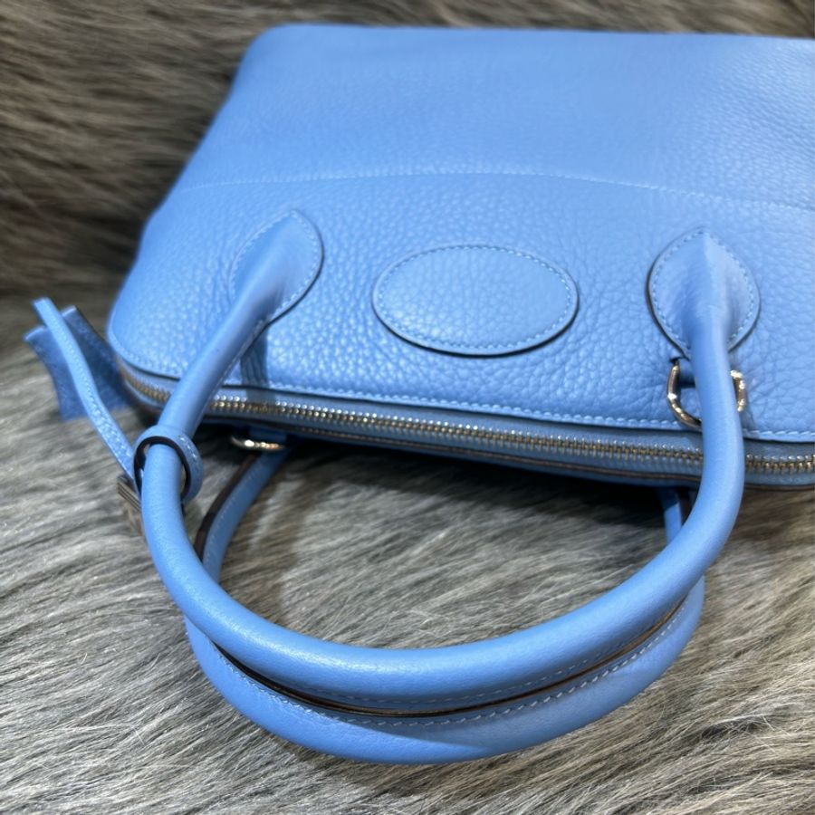 HERMES BOLIDE31 天空藍色 牛皮 荔枝皮 銀釦 柏莉包 柏麗 手提包 斜背包 貝殼包 保齡球包-21
