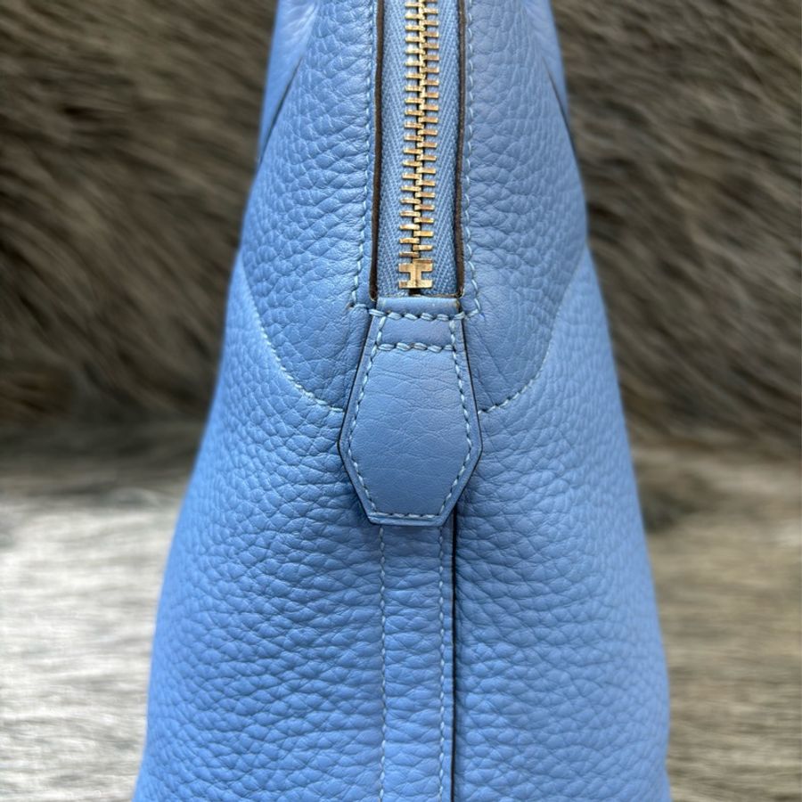 HERMES BOLIDE31 天空藍色 牛皮 荔枝皮 銀釦 柏莉包 柏麗 手提包 斜背包 貝殼包 保齡球包-24
