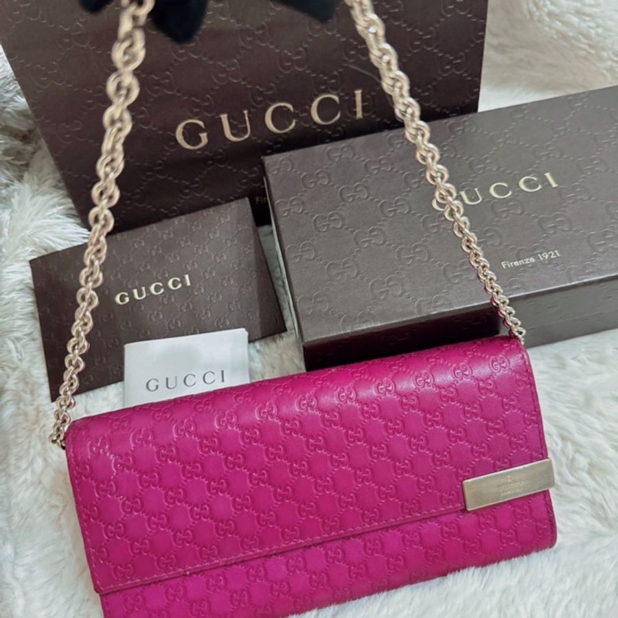 「配件齊全」Gucci Ssima全皮壓紋桃色長夾/Woc 古馳-1
