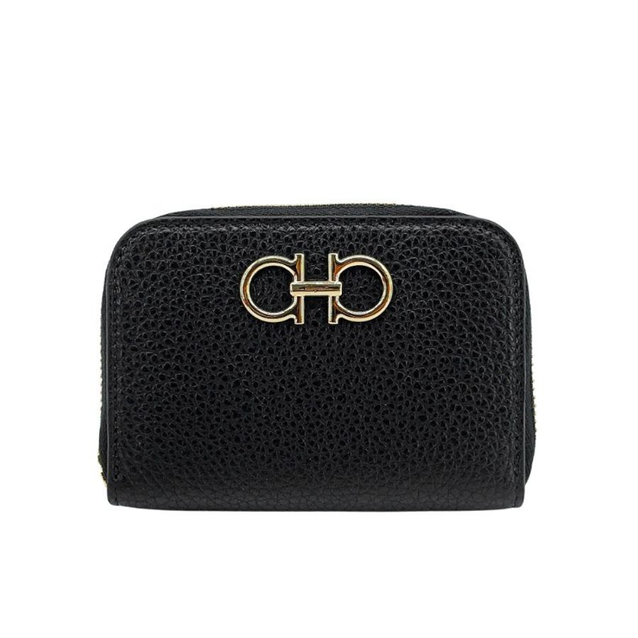 Ferragamo Gancini 金logo皮革拉鍊零錢/卡片包(黑)-0
