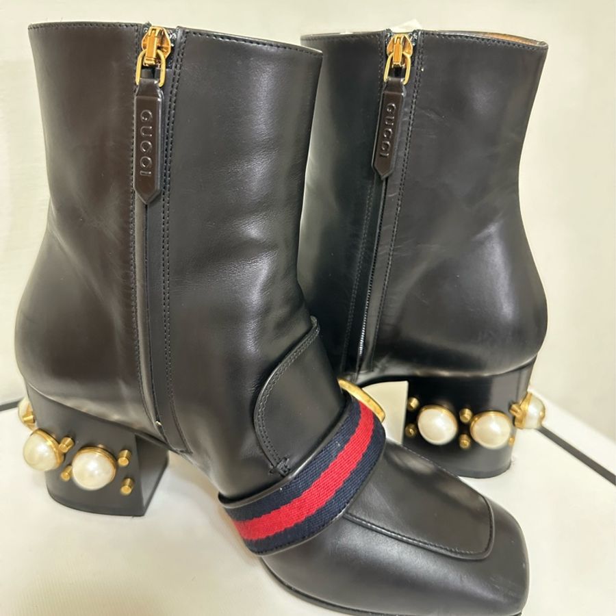 GUCCI 珍珠方頭黑色短靴 尺寸:36.5-2