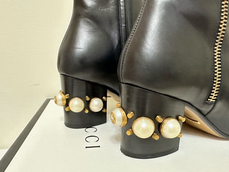 GUCCI 珍珠方頭黑色短靴 尺寸:36.5-5