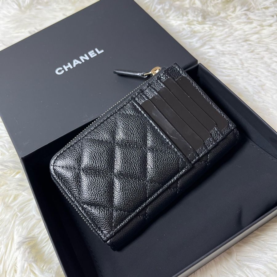 Chanel 黑金荔枝皮L拉鍊小夾-1