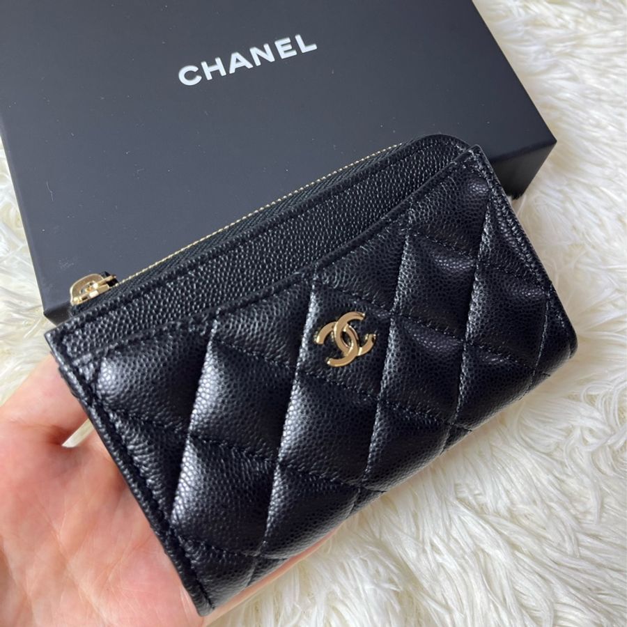 Chanel 黑金荔枝皮L拉鍊小夾-10