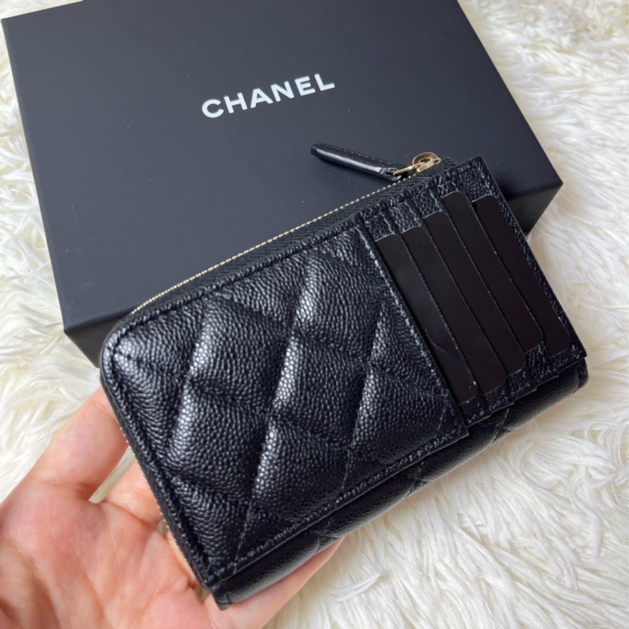Chanel 黑金荔枝皮L拉鍊小夾-11