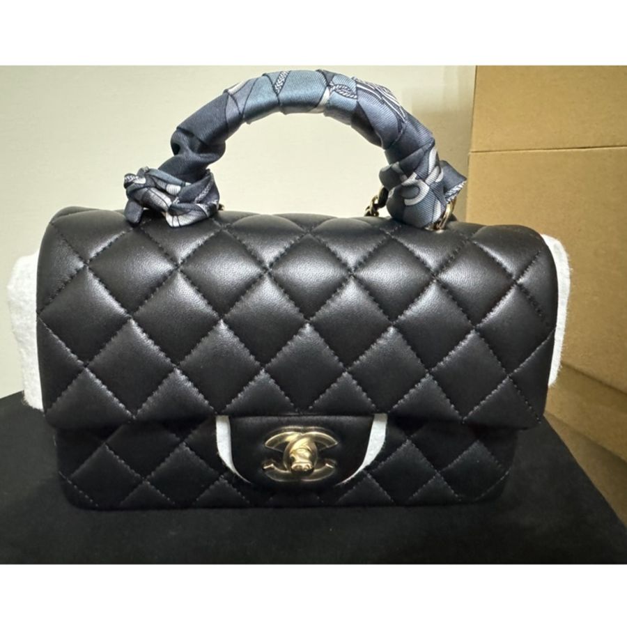 Chanel cf mini 20公分 手把 手提 提把 黑色羊皮 稀有 大mini-0
