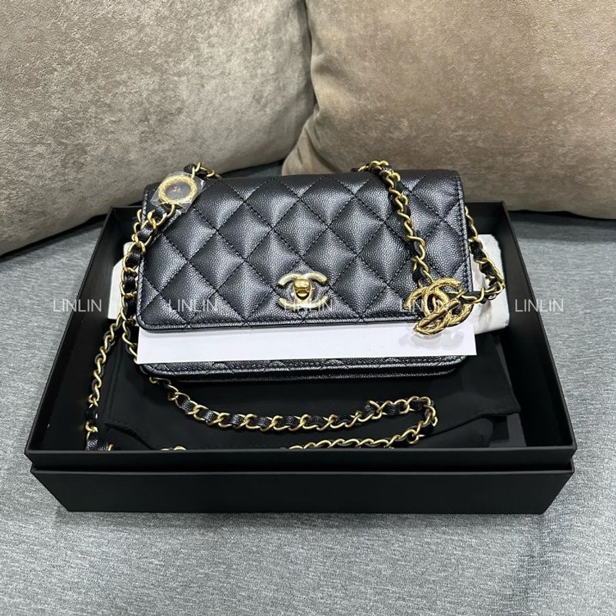 CHANEL 24S黑金荔枝牛皮 雙C調節扣WOC-0