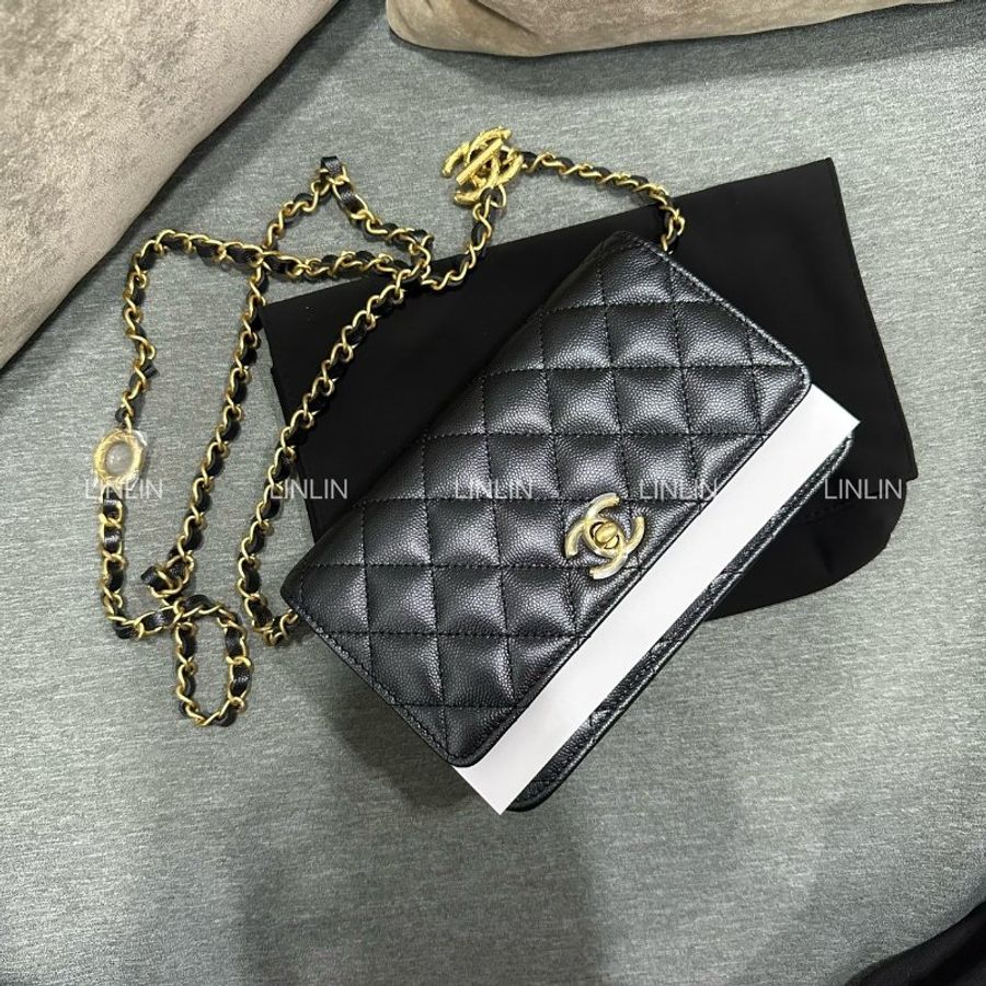 CHANEL 24S黑金荔枝牛皮 雙C調節扣WOC-1