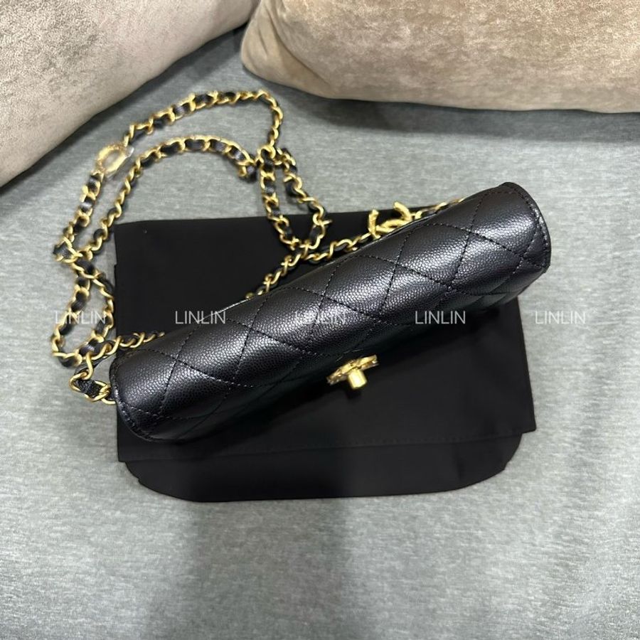 CHANEL 24S黑金荔枝牛皮 雙C調節扣WOC-3