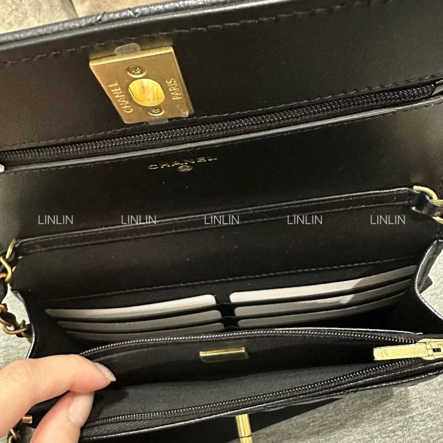 CHANEL 24S黑金荔枝牛皮 雙C調節扣WOC-8