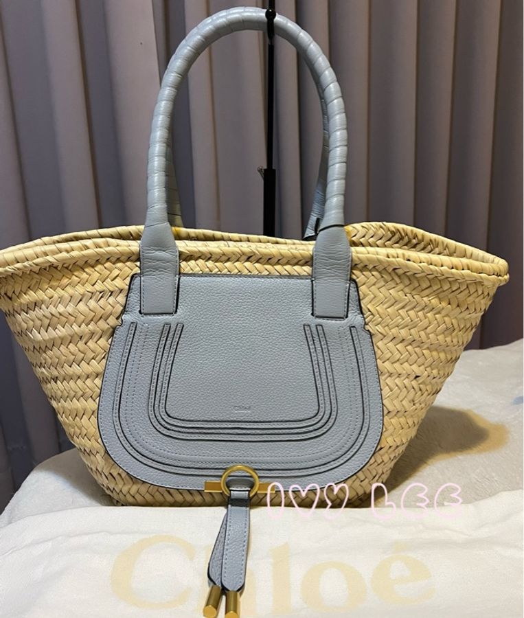 CHLOE Marcie 中型 小牛皮 拼草編 手提包 托特包 水藍色 二手精品-0