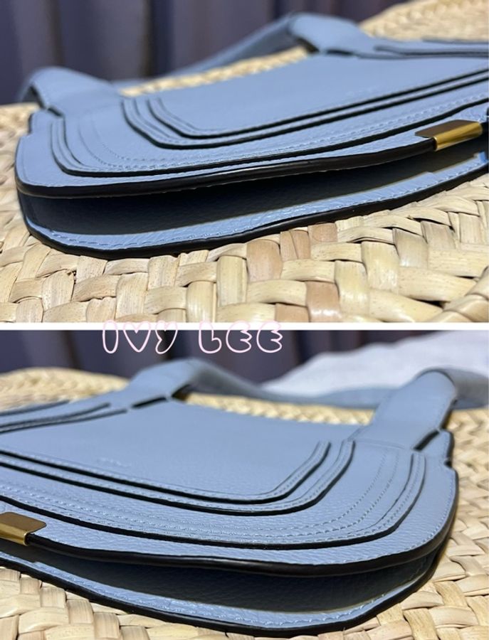 CHLOE Marcie 中型 小牛皮 拼草編 手提包 托特包 水藍色 二手精品-14
