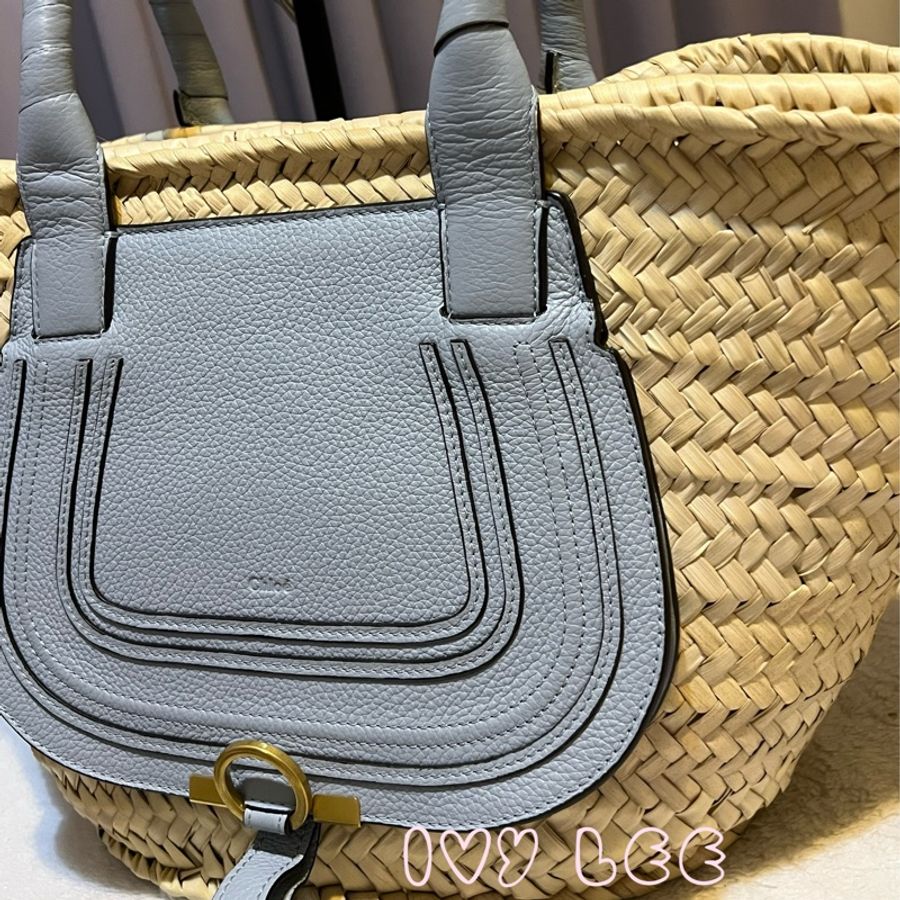 CHLOE Marcie 中型 小牛皮 拼草編 手提包 托特包 水藍色 二手精品-22