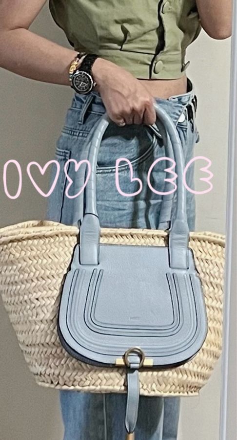 CHLOE Marcie 中型 小牛皮 拼草編 手提包 托特包 水藍色 二手精品-25