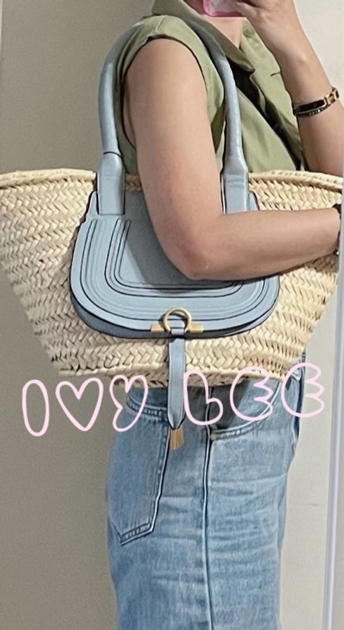 CHLOE Marcie 中型 小牛皮 拼草編 手提包 托特包 水藍色 二手精品-26