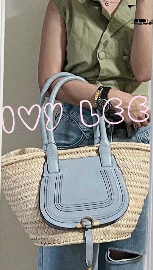 CHLOE Marcie 中型 小牛皮 拼草編 手提包 托特包 水藍色 二手精品-27