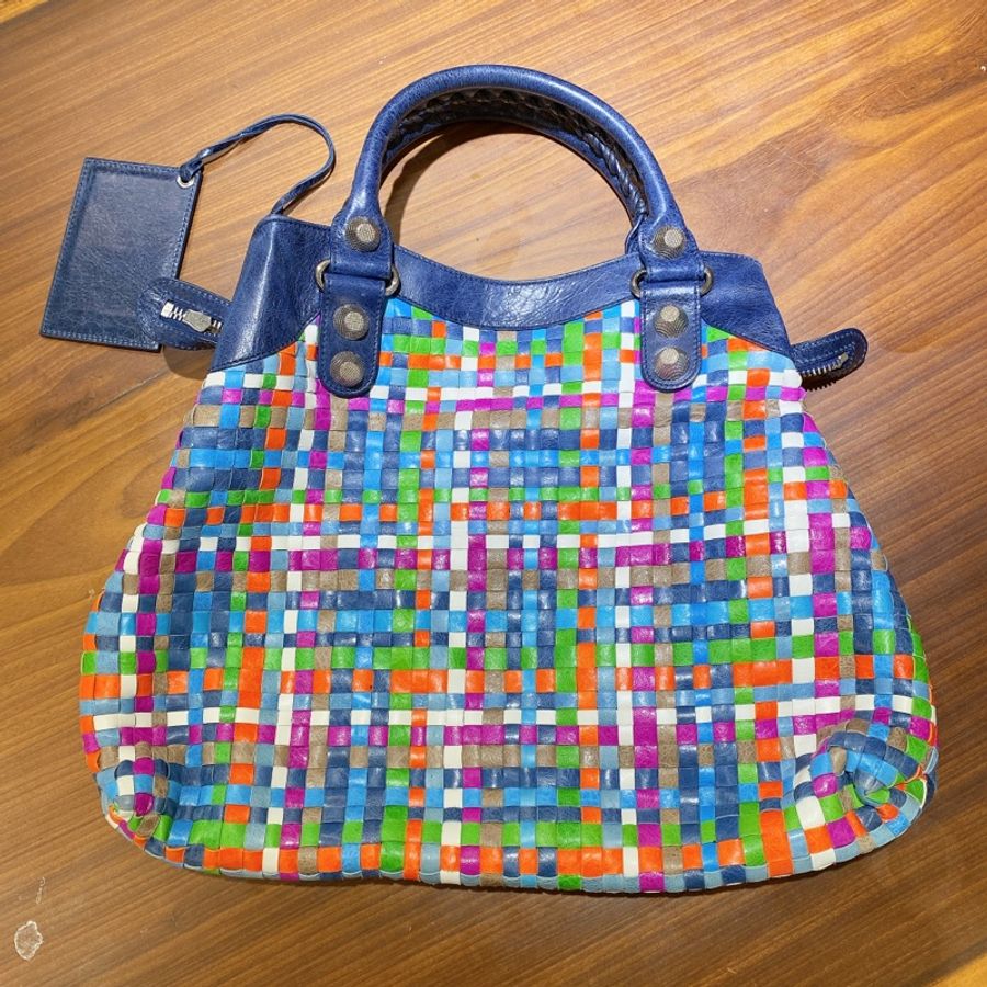 Balenciaga 巴黎世家大號限量花色格子皮革編織款手提包單肩包 附隨身小鏡夾-1