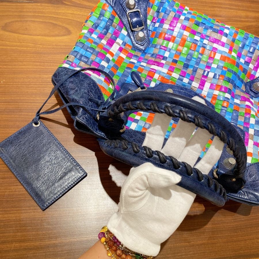 Balenciaga 巴黎世家大號限量花色格子皮革編織款手提包單肩包 附隨身小鏡夾-7