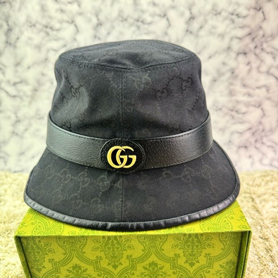 GUCCI 經典GG 金釦LOGO帆布皮革飾邊漁夫帽(黑) ⭕️全新閒置品⭕️-6