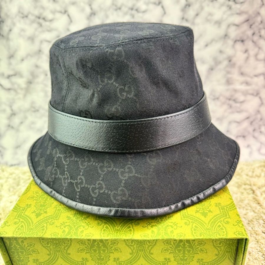 GUCCI 經典GG 金釦LOGO帆布皮革飾邊漁夫帽(黑) ⭕️全新閒置品⭕️-7