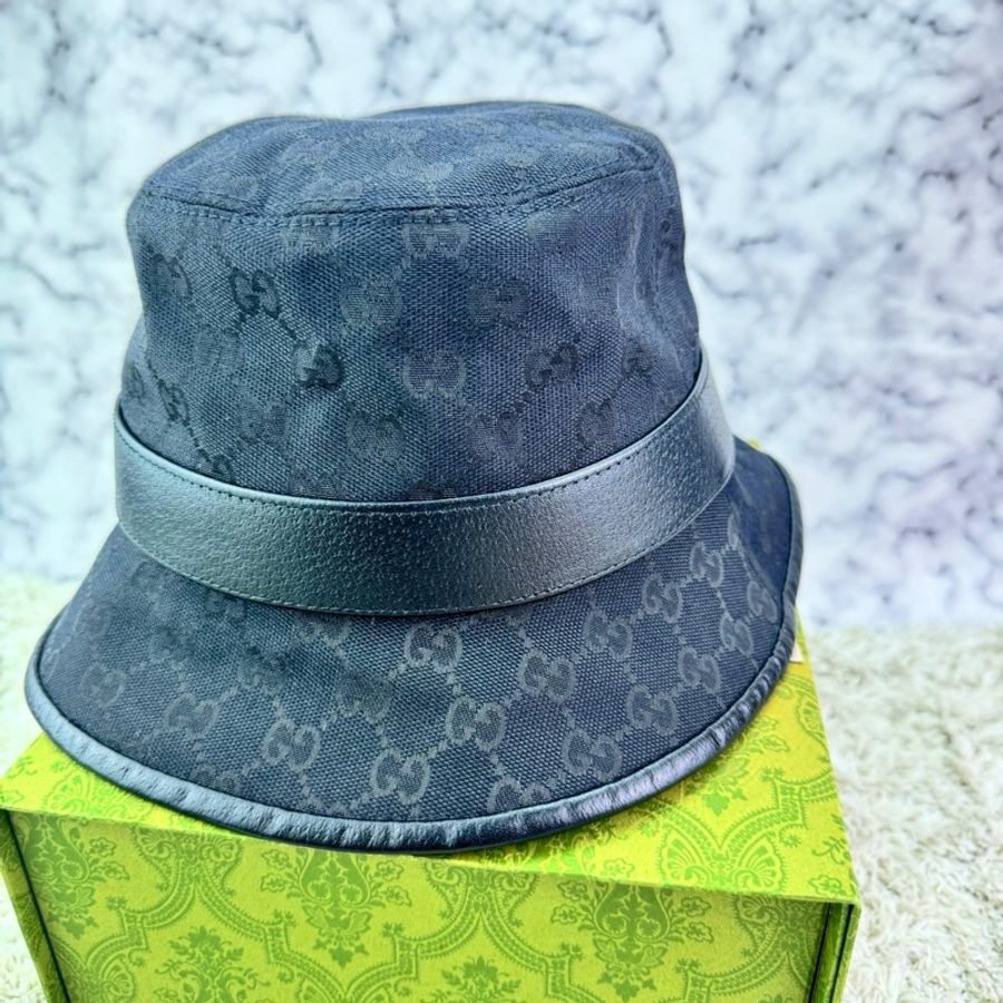GUCCI 經典GG 金釦LOGO帆布皮革飾邊漁夫帽(黑) ⭕️全新閒置品⭕️-16