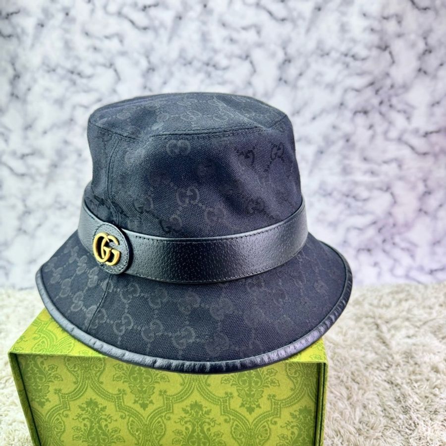 GUCCI 經典GG 金釦LOGO帆布皮革飾邊漁夫帽(黑) ⭕️全新閒置品⭕️-17