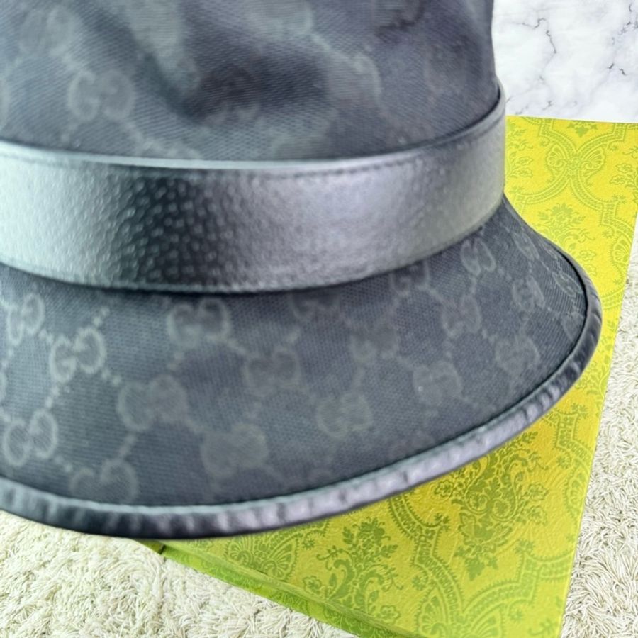 GUCCI 經典GG 金釦LOGO帆布皮革飾邊漁夫帽(黑) ⭕️全新閒置品⭕️-24