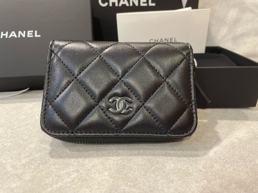 香奈兒Chanel so black 全新💕羊皮拉鏈零錢包-6