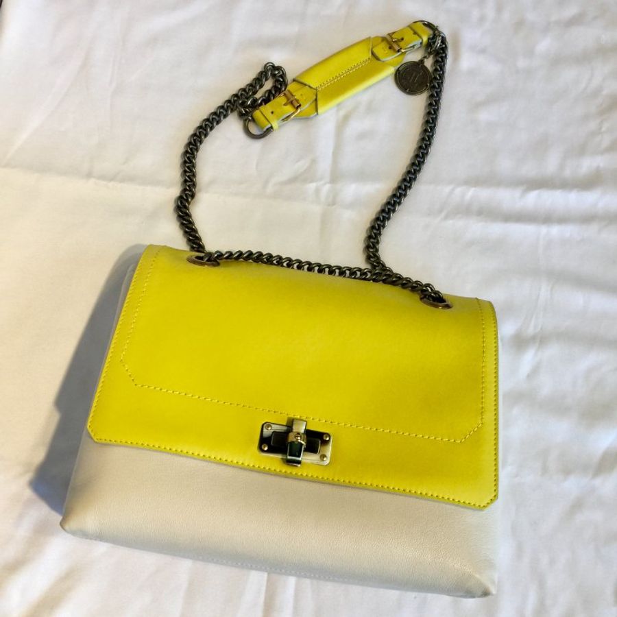 LANVIN 檸檬黃拼米白雙色全皮掀蓋鍊包 /側肩包 /肩背包-0