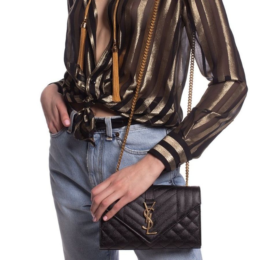 ⏰限時特賣 專櫃8萬6千3🌺Saint Laurent YSL 600195 三種衍縫粒面壓紋皮革信封包 黑色及 金色Logo-13