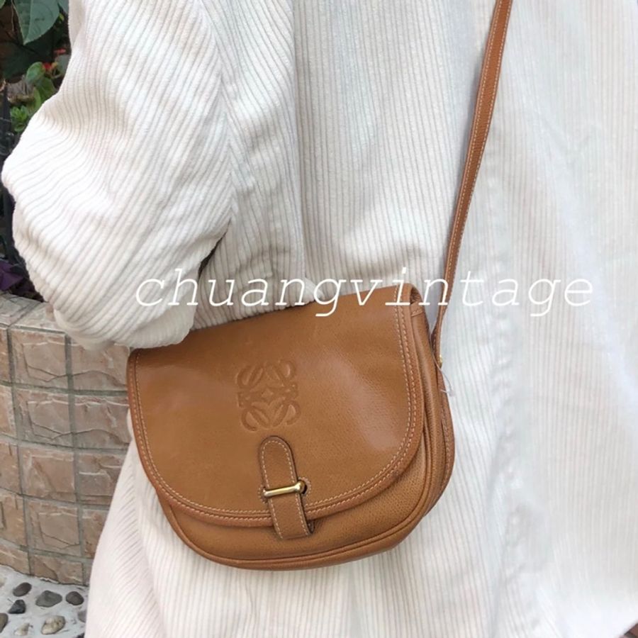 Loewe中古金扣棕色馬鞍包郵差包-0