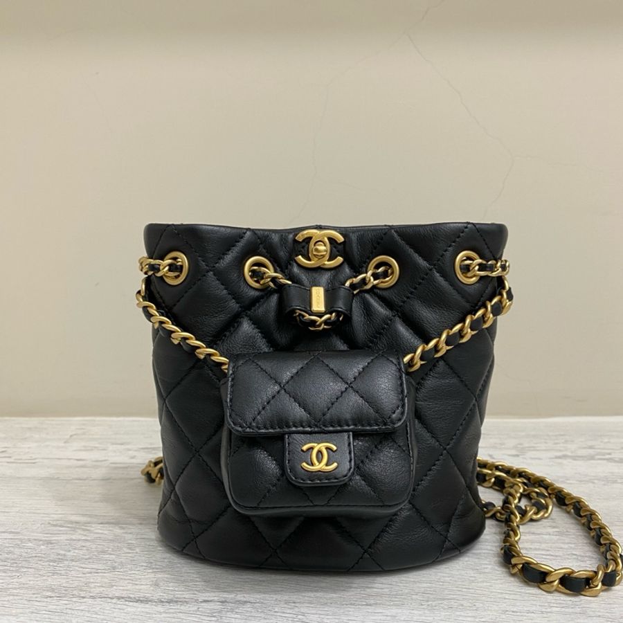 Chanel 子母後背包雙肩包 黑金小牛皮-0