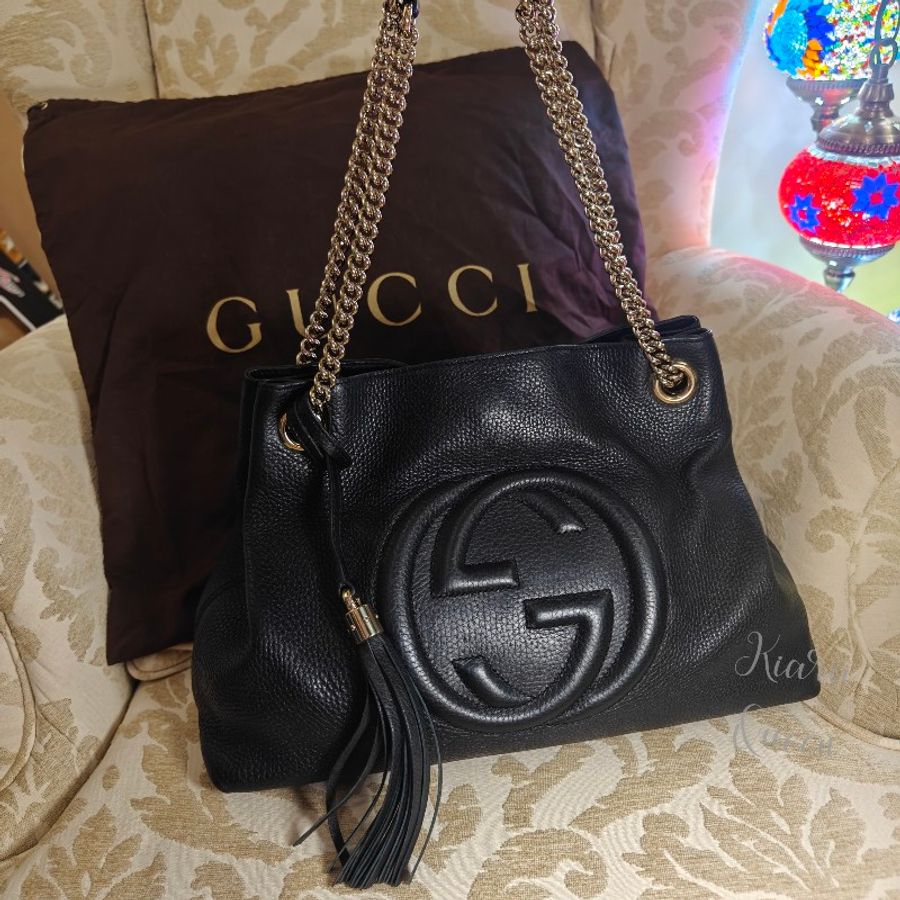 Gucci SOHO系列 黑色大LOGO 側背包 手袋 媽媽包 大托特包 上班族 肩背包 單肩包 精品包 手提包 外出包-2