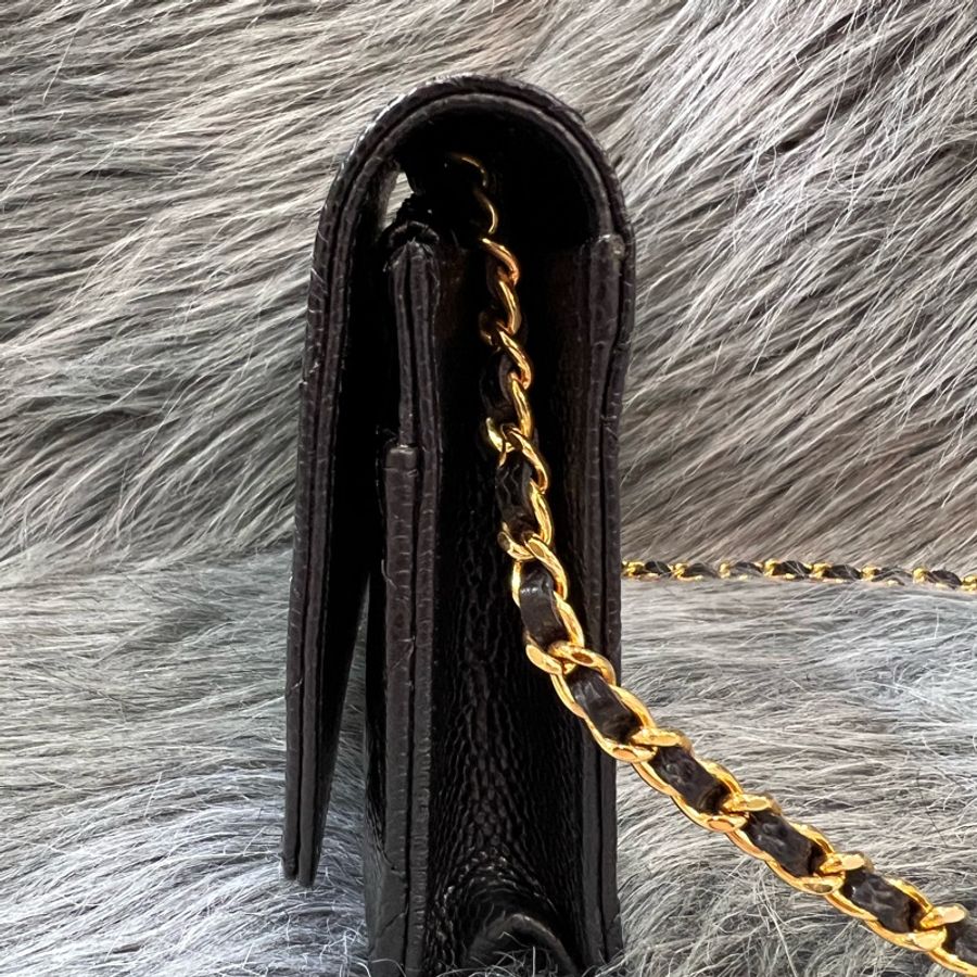 Chanel A33814 黑色 荔枝皮 金釦 Woc 鍊子錢包 斜背包 鍊子皮夾-2