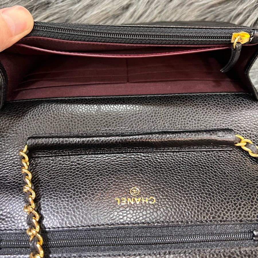 Chanel A33814 黑色 荔枝皮 金釦 Woc 鍊子錢包 斜背包 鍊子皮夾-8